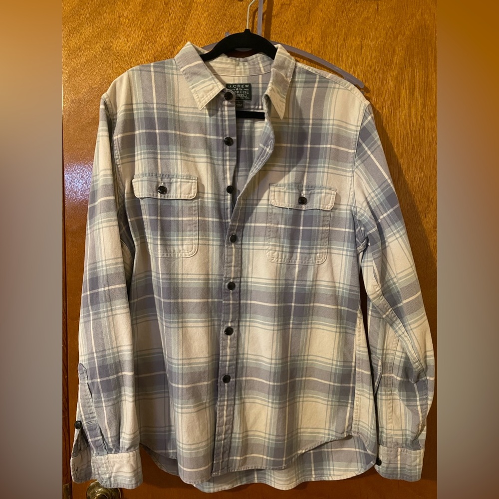 J. Crew flannel size large blue and white, lightly worn.